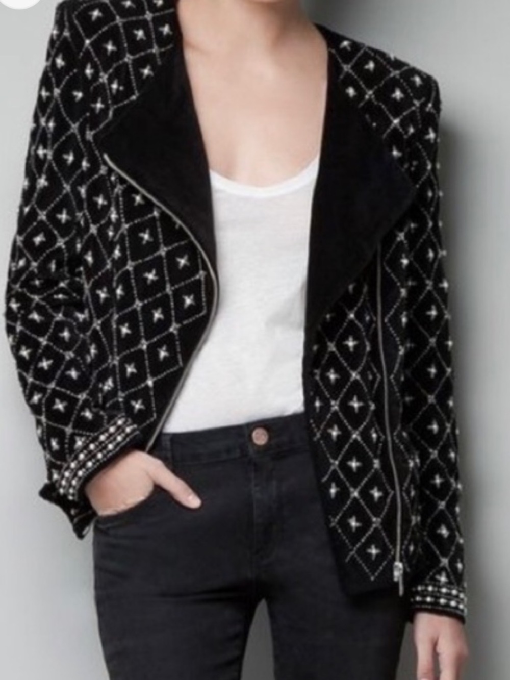 Zara Woman Pearl Beaded Black Velvet Embellished Pearl Rhinestone Jacket Small